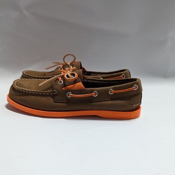 Sperry NWOB Youth Size 4 Leather Top Sider Orange and Brown Slip on loafers shoe - Picture 2 of 8